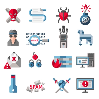 Hacker activity computer and e-mail spam viruses icons set isolated vector illustration