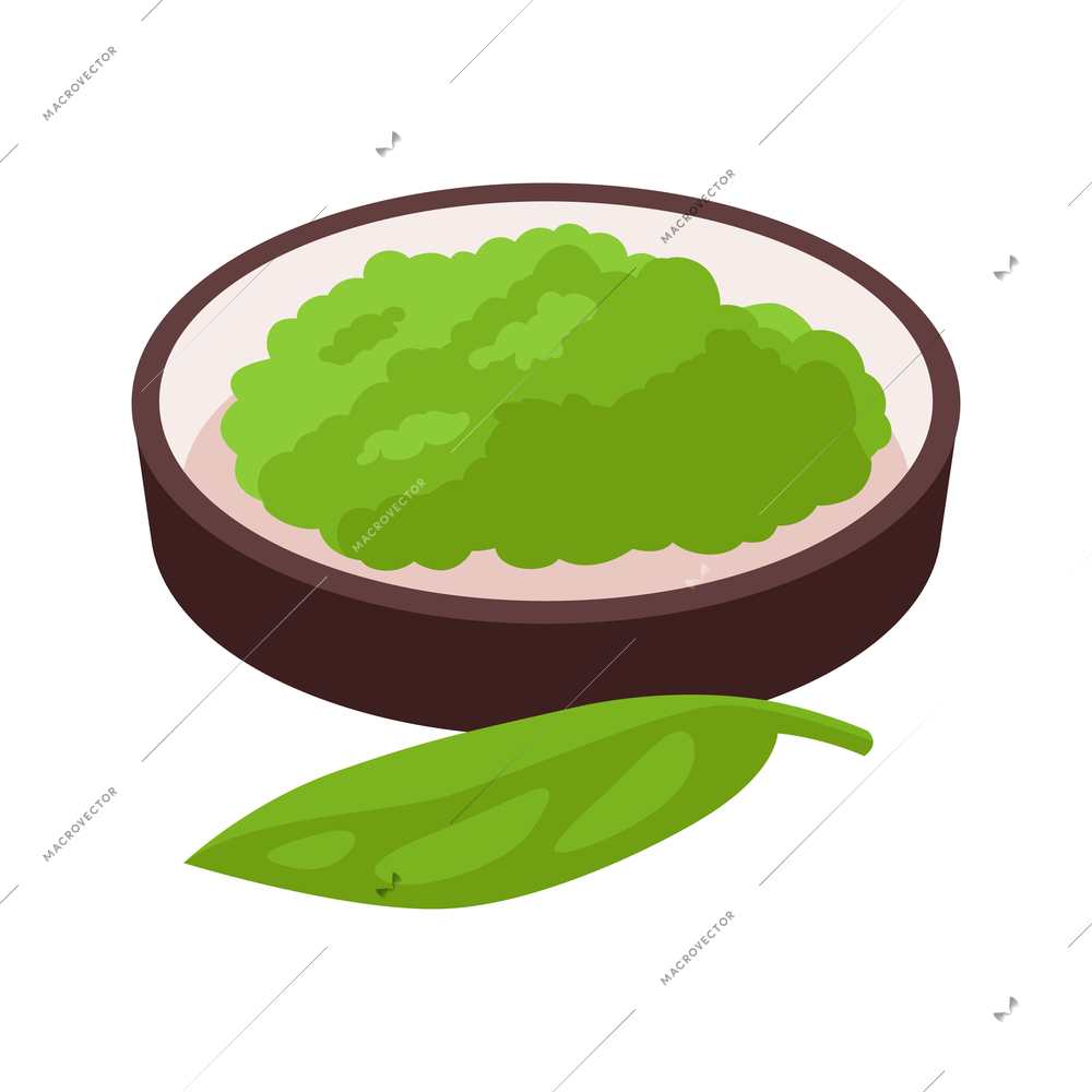 Isometric japan travel tourism composition with isolated image of matcha powder on dish with green leaf vector illustration