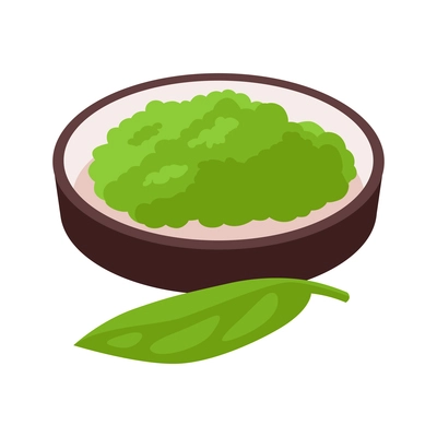 Isometric japan travel tourism composition with isolated image of matcha powder on dish with green leaf vector illustration