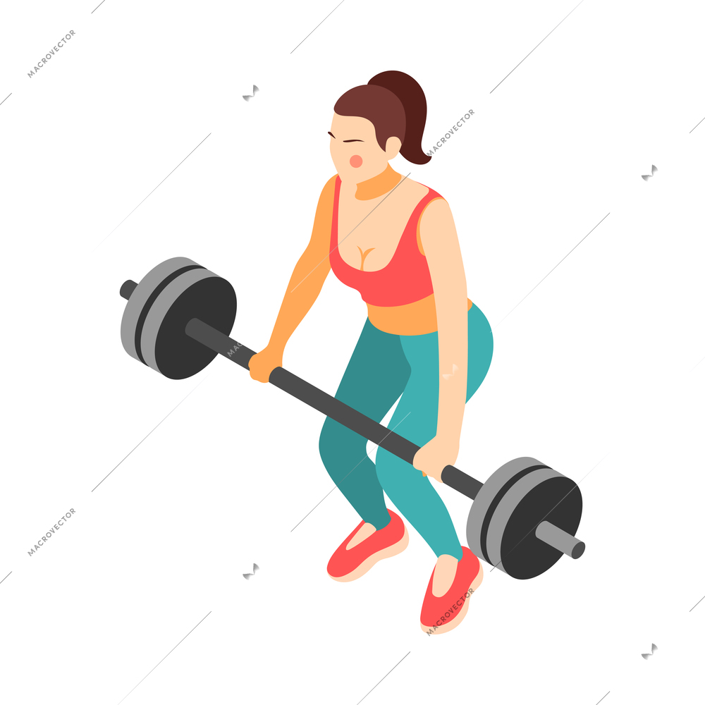 Crossfit workout isometric composition with character of female athlete performing exercise vector illustration