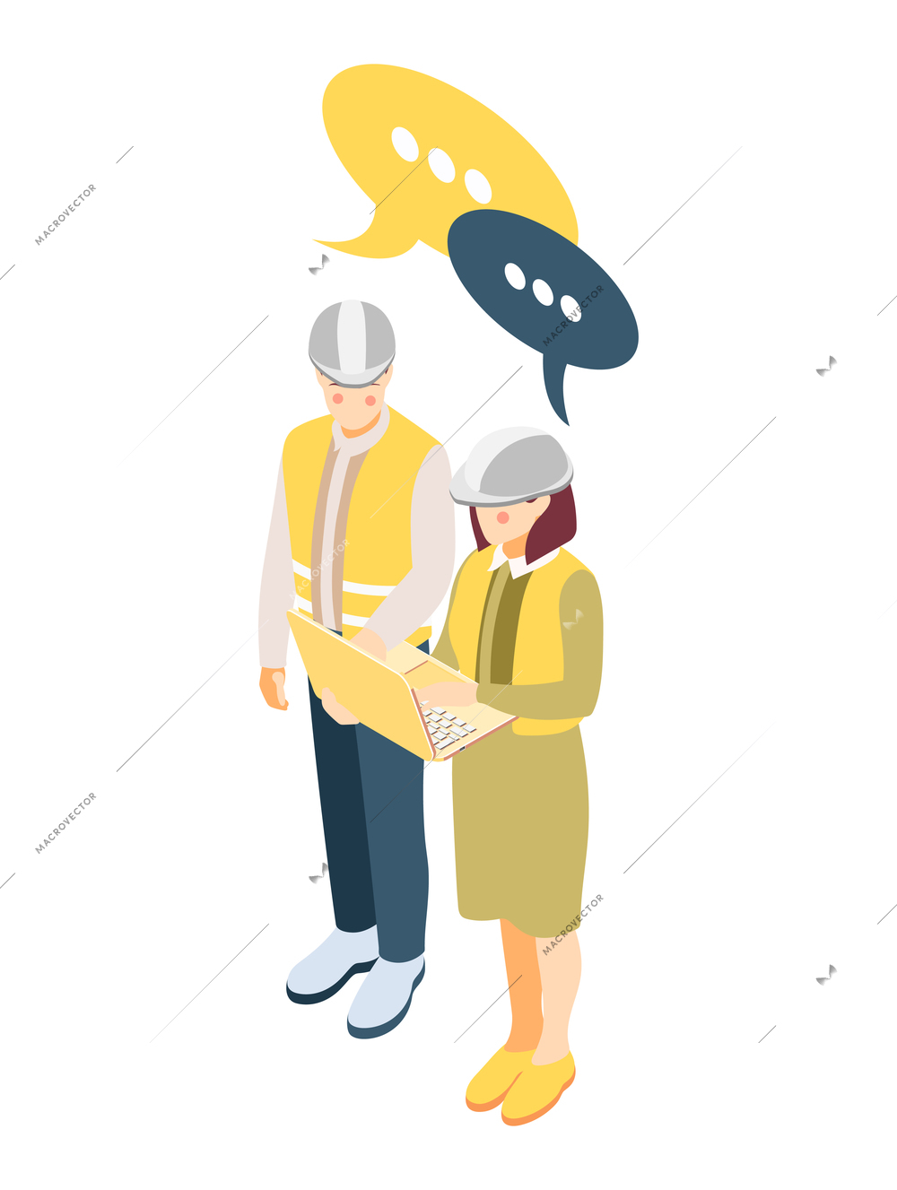 Architects and construction engineers isometric composition with characters of consulting workers with thought bubbles vector illustration