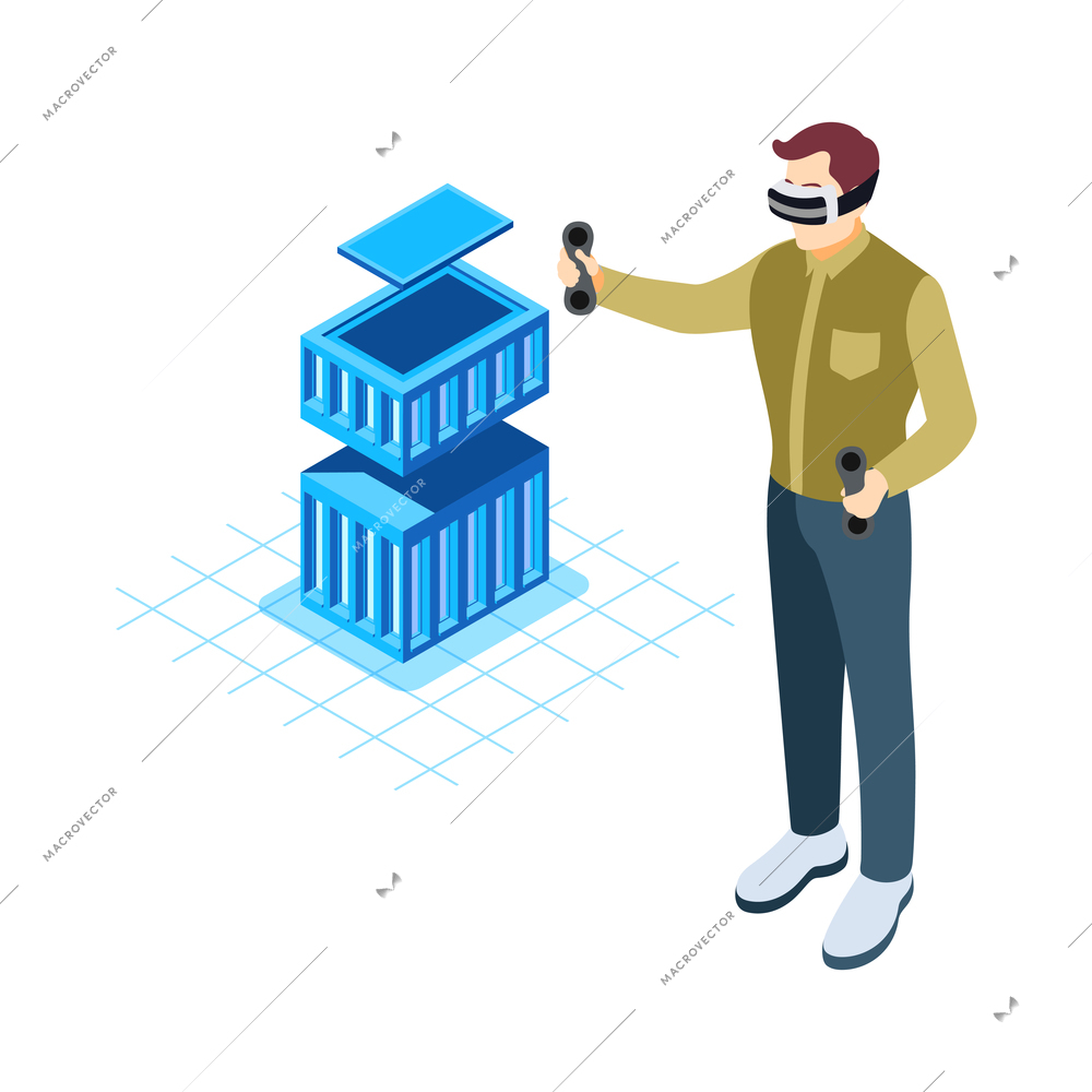 Architects and construction engineers isometric composition with man in vr glasses building holographic house vector illustration