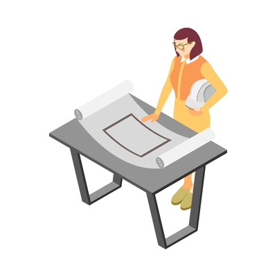 Architects and construction engineers isometric composition with female architect and paper project on table vector illustration