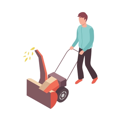 Sweeper street isometric composition with male worker and machine sprinkling ground with sawdust vector illustration