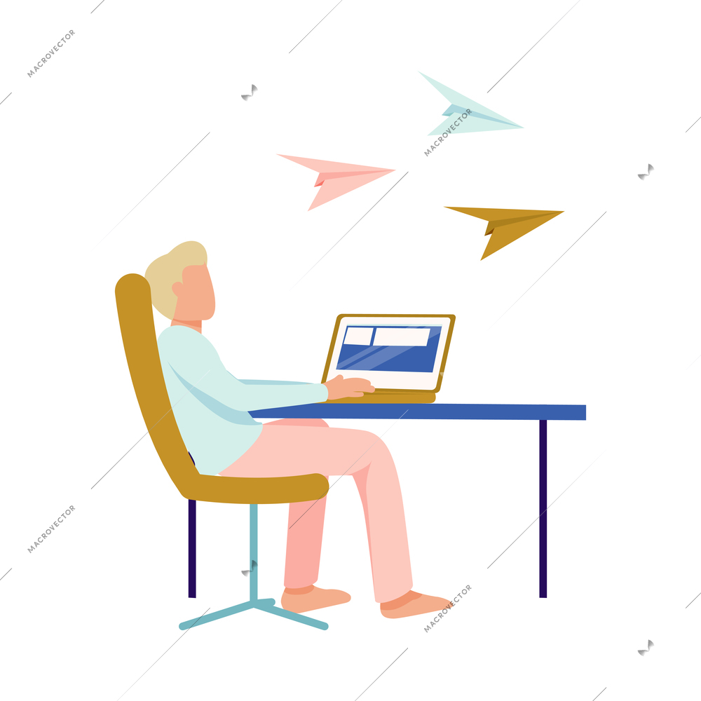 People with gadgets flat composition with male character working at table sending messages with paper planes vector illustration