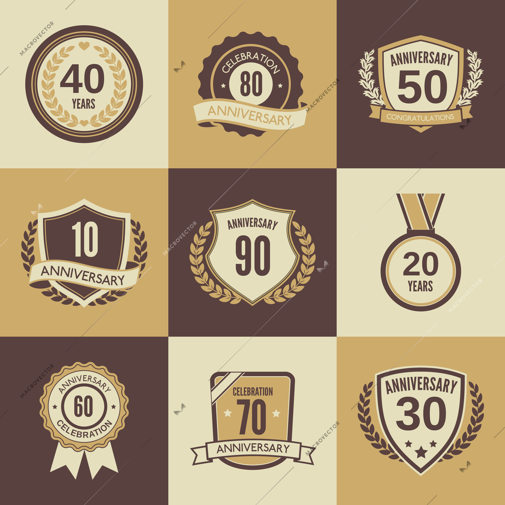 Anniversary celebration retro label icons set isolated vector illustration