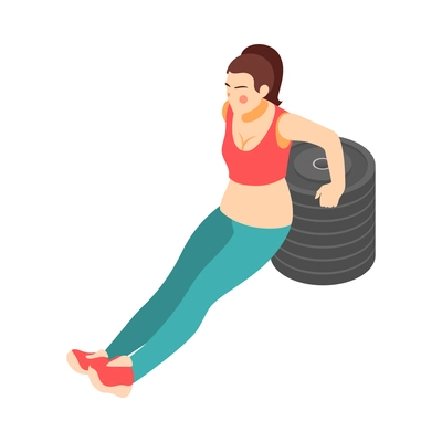 Crossfit workout isometric composition with character of female athlete performing exercise vector illustration