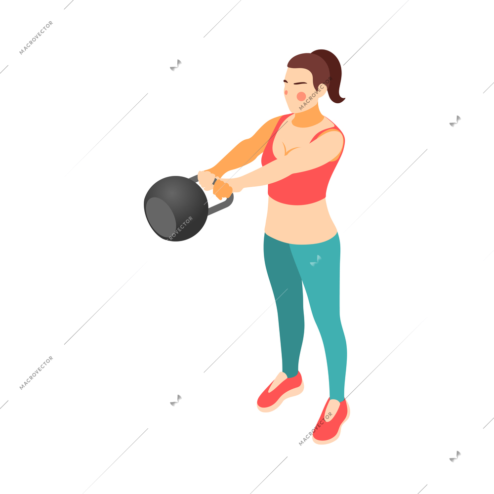 Crossfit workout isometric composition with character of female athlete performing exercise vector illustration