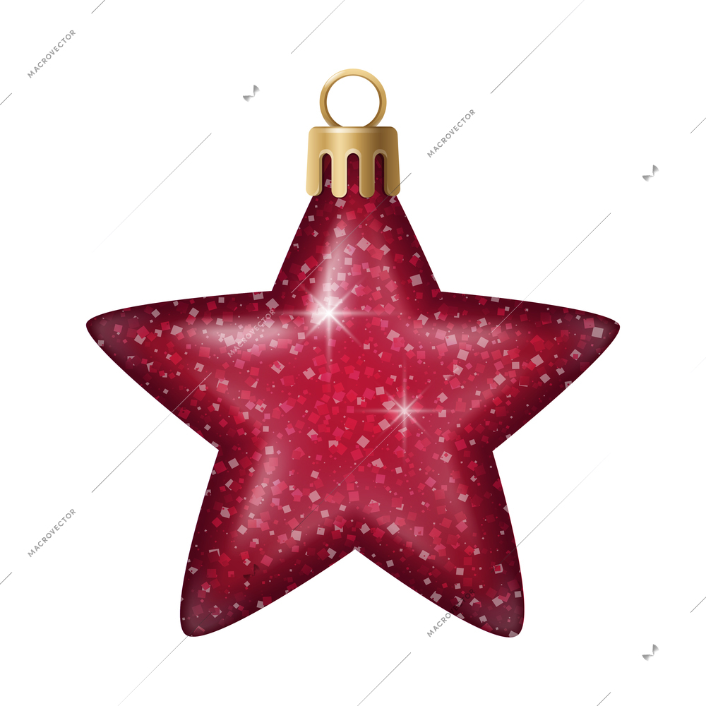 Realistic christmas tree toy composition with star shaped christmas ornament with spangles vector illustration