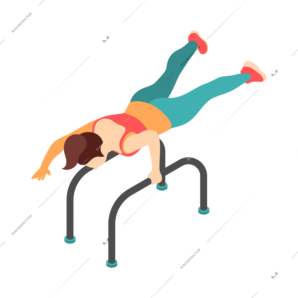 Crossfit workout isometric composition with character of female athlete performing exercise vector illustration