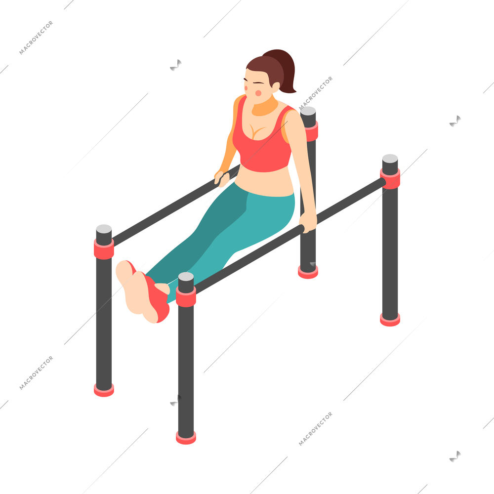 Crossfit workout isometric composition with character of female athlete performing exercise vector illustration