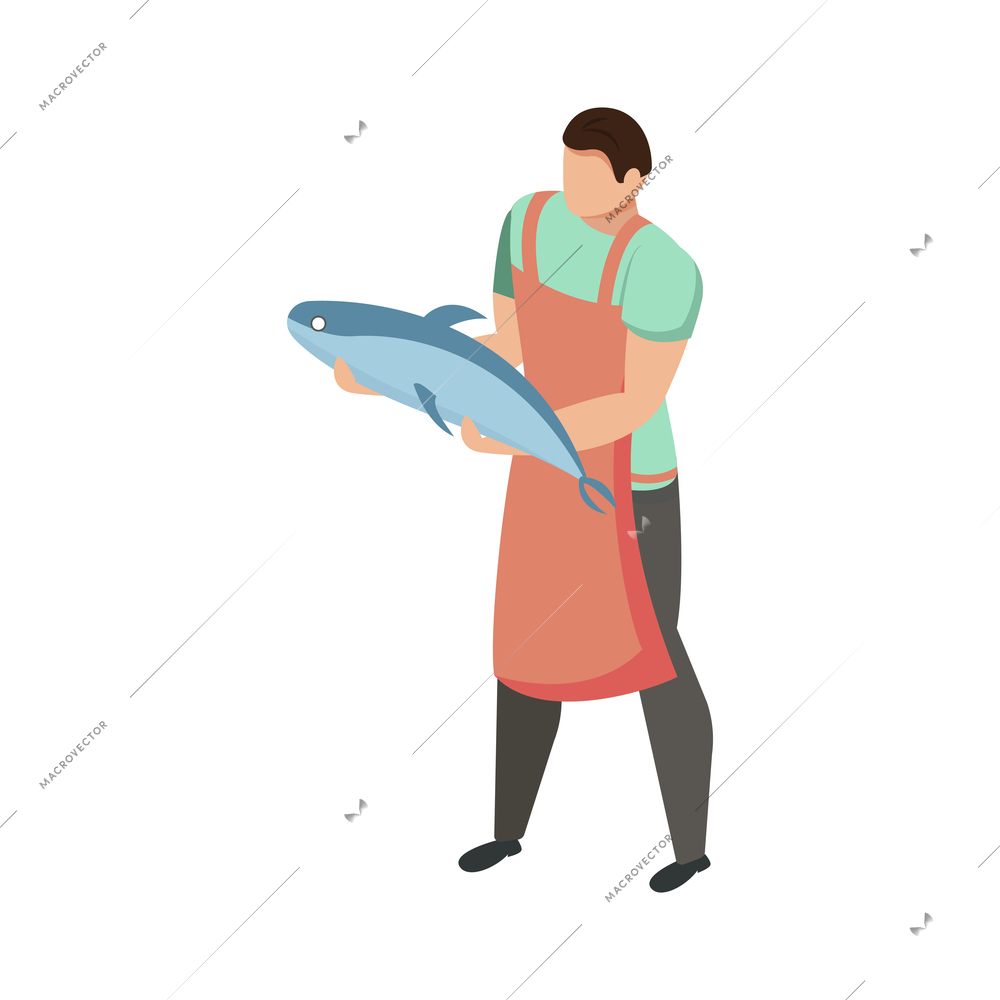 Bazaar isometric composition with isolated human character holding fresh fish vector illustration