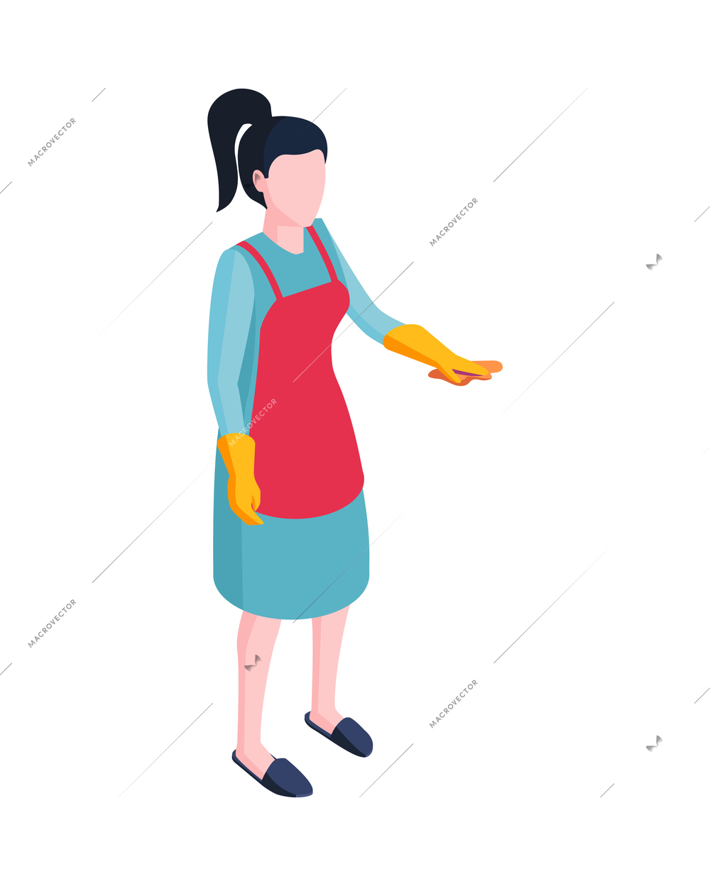 Isometric cleaning housework composition with isolated character of female household worker vector illustration