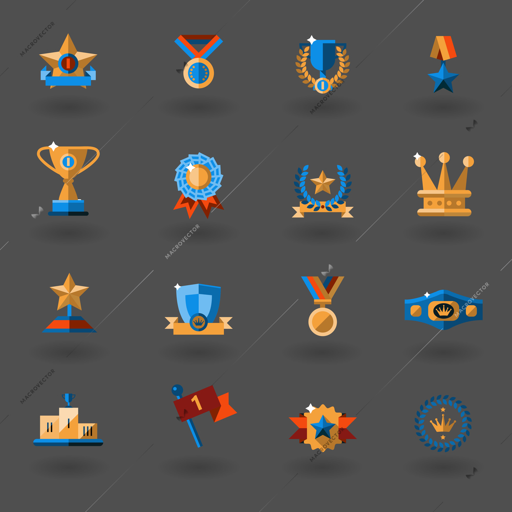 Award icons flat set of champion cup winner prophy isolated vector illustration