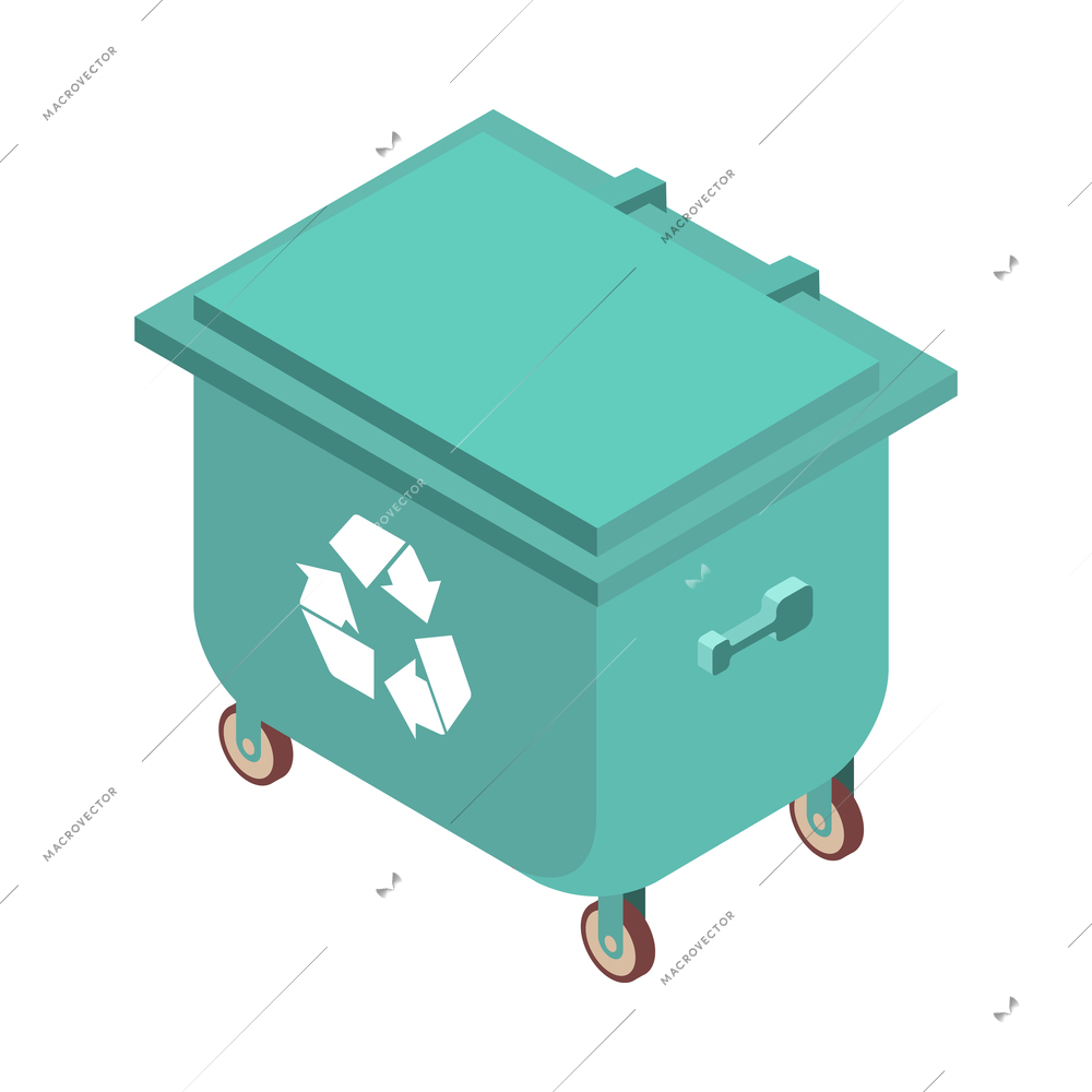 Sweeper street isometric composition with isolated image of green garbage container with recycle sign vector illustration