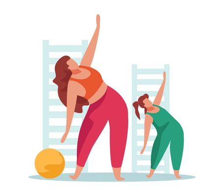 Advanced motherhood flat composition with characters of mother with daughter performing workout exercises vector illustration