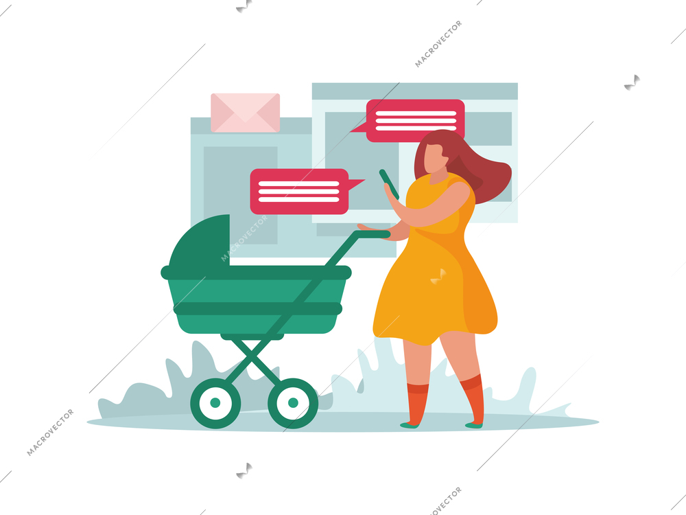 Advanced motherhood flat composition with character of mother with baby stroller messaging on smartphone vector illustration