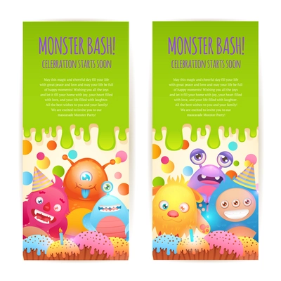 Cute cartoon monsters funny alien character celebration bash vertical banners set isolated vector illustration