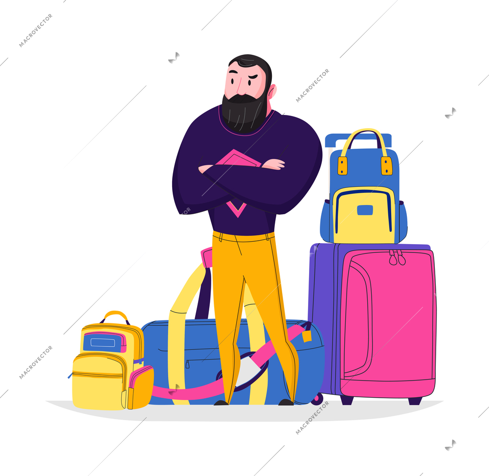 Hand luggage travel bags baggage composition with doodle character of man surrounded by suitcases vector illustration