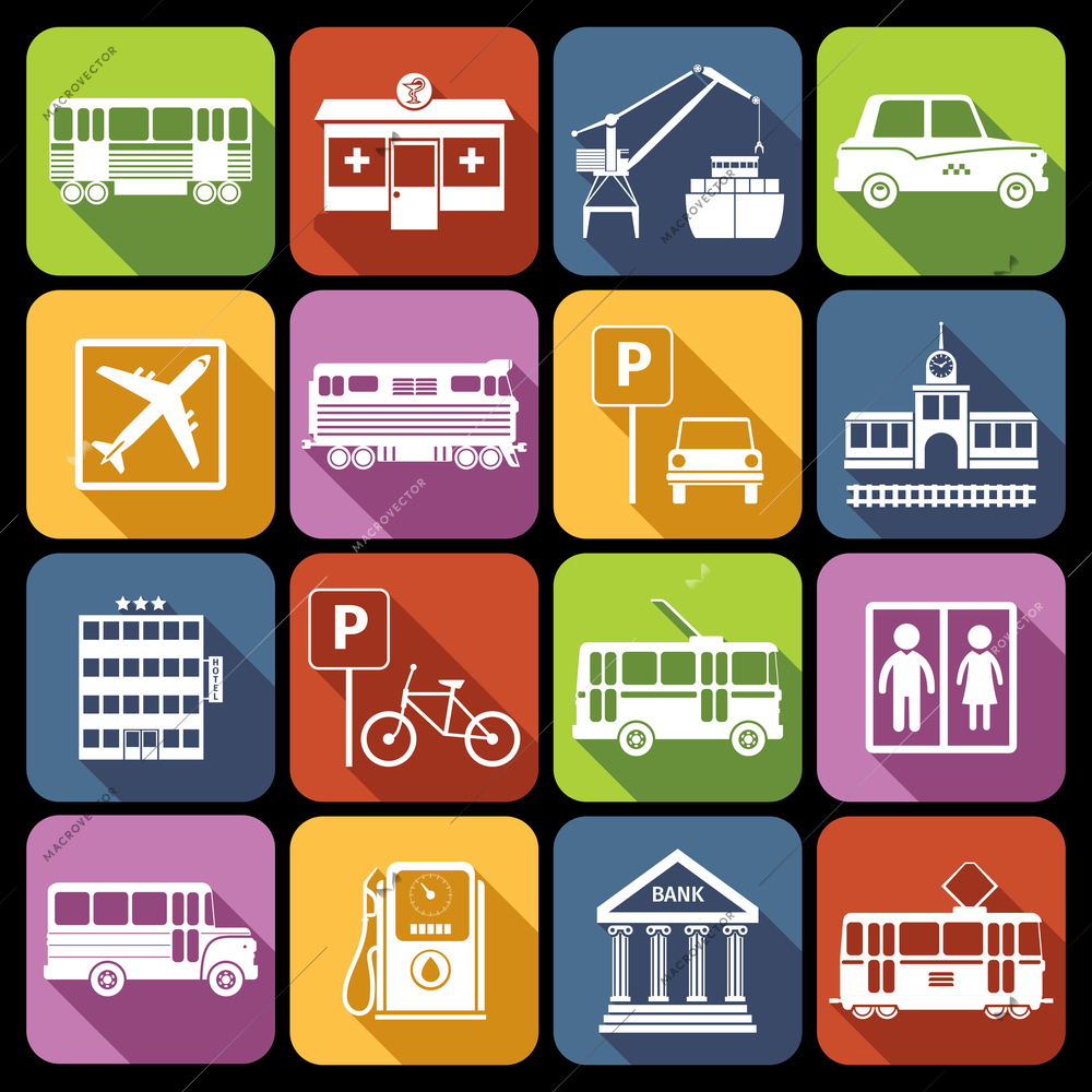 City infrastructure icons white set with airport metro parking station isolated vector illustration