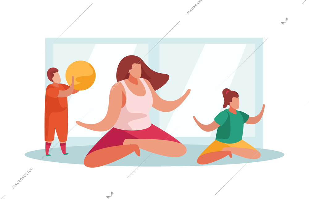 Advanced motherhood flat composition with characters of mother with kids doing yoga exercises vector illustration