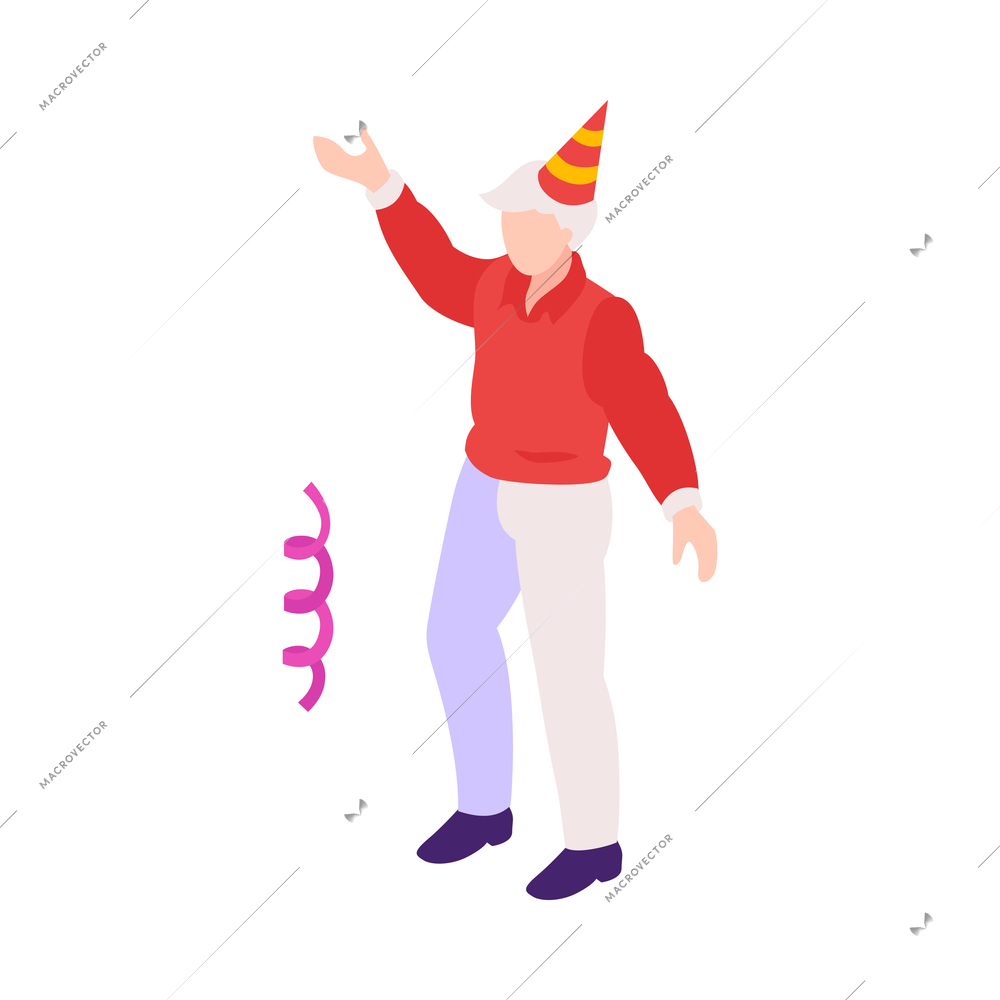 Isometric firework celebrating holiday composition with serpentine and male character in party hat vector illustration