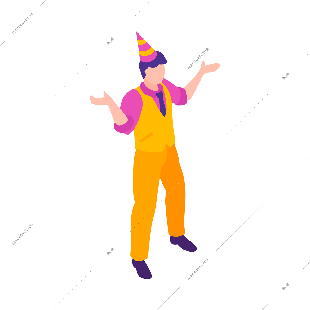 Isometric firework celebrating holiday composition with serpentine and male character in party hat vector illustration