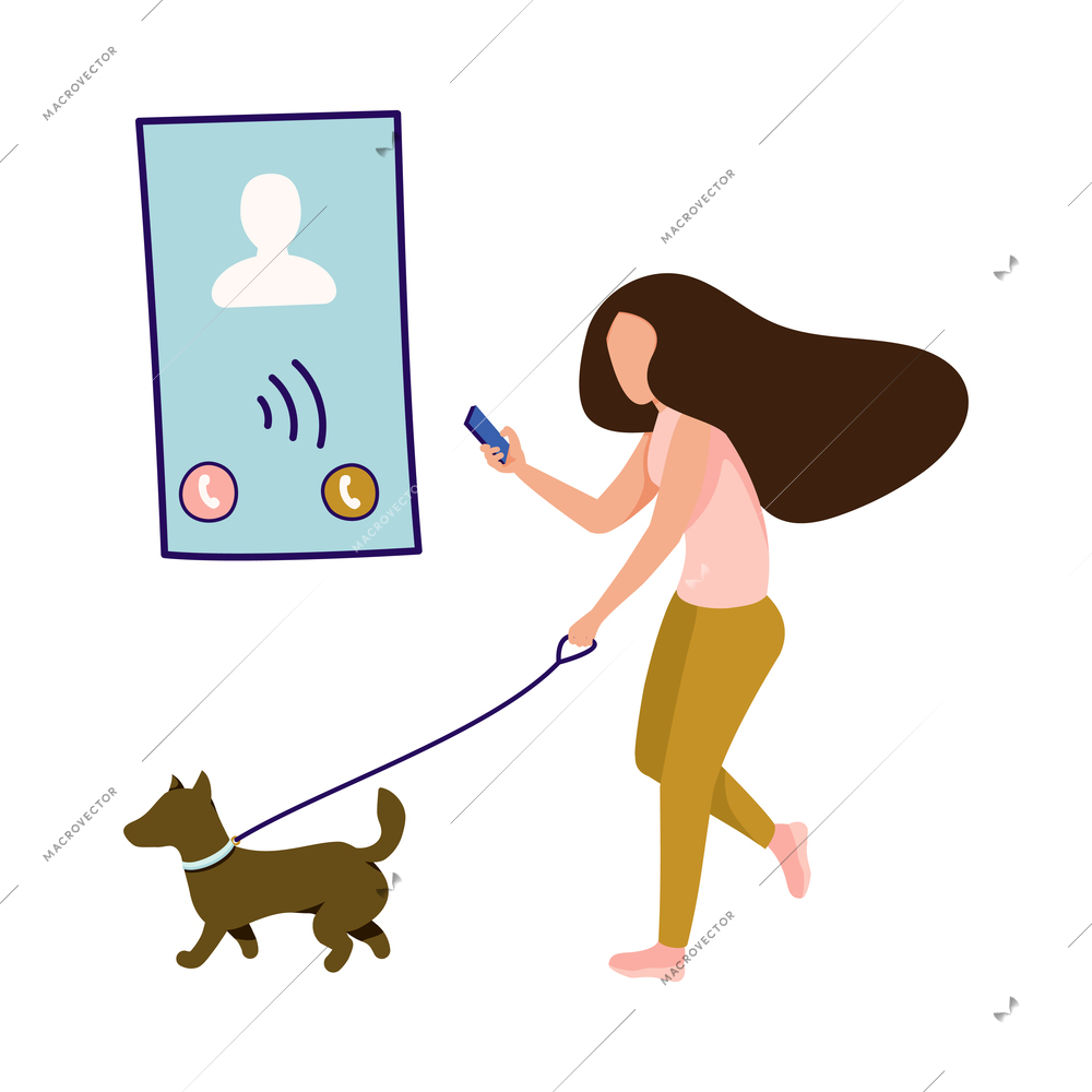 People with gadgets flat composition with girl walking dog while calling phone in speaker mode vector illustration