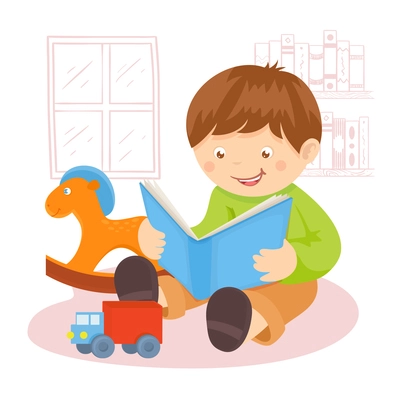 Boy reading book indoors with toys and bookshelf on background poster vector illustration