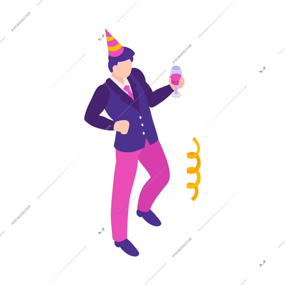 Isometric firework celebrating holiday composition with serpentine and male character with drink vector illustration