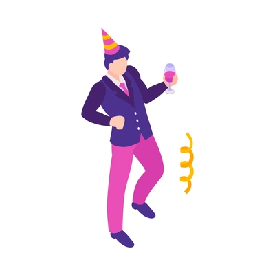 Isometric firework celebrating holiday composition with serpentine and male character with drink vector illustration