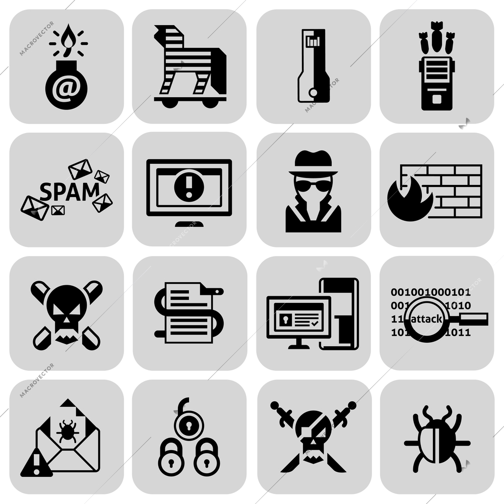 Hacker icons black set with trojan spam bug danger isolated vector illustration