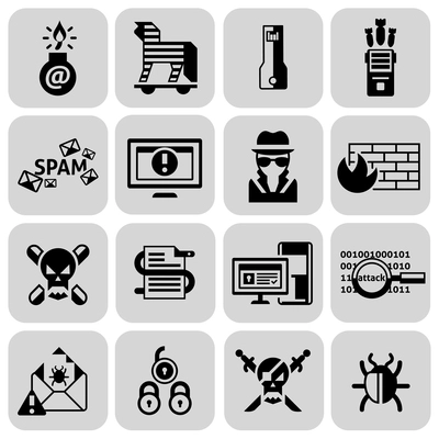 Hacker icons black set with trojan spam bug danger isolated vector illustration