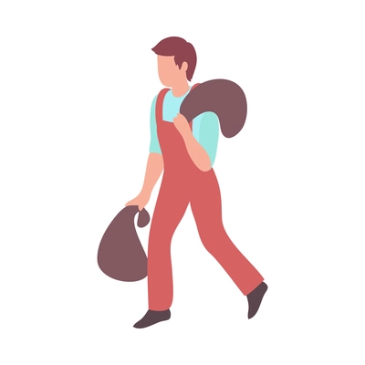 Sweeper street isometric composition with character of male worker carrying garbage sacks vector illustration