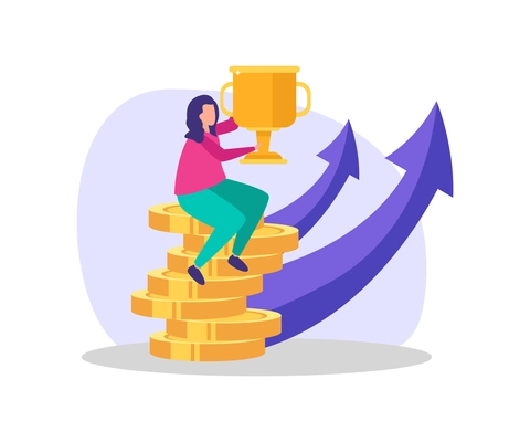 Business gamification flat composition with doodle people reaching goals and getting reward with conceptual icons vector illustration