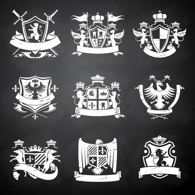 Heraldic victorian knight decorative emblems chalkboard set with flags lions and horses isolated vector illustration