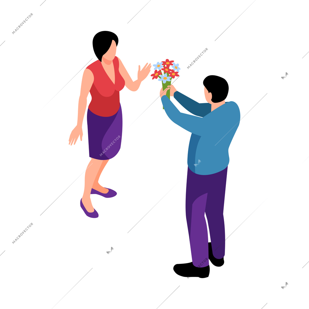 Isometric couple in love composition with character of man giving flowers to woman vector illustration