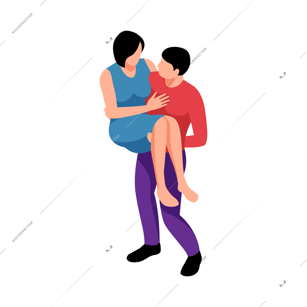 Isometric couple in love composition with characters of man holding woman in his arms vector illustration