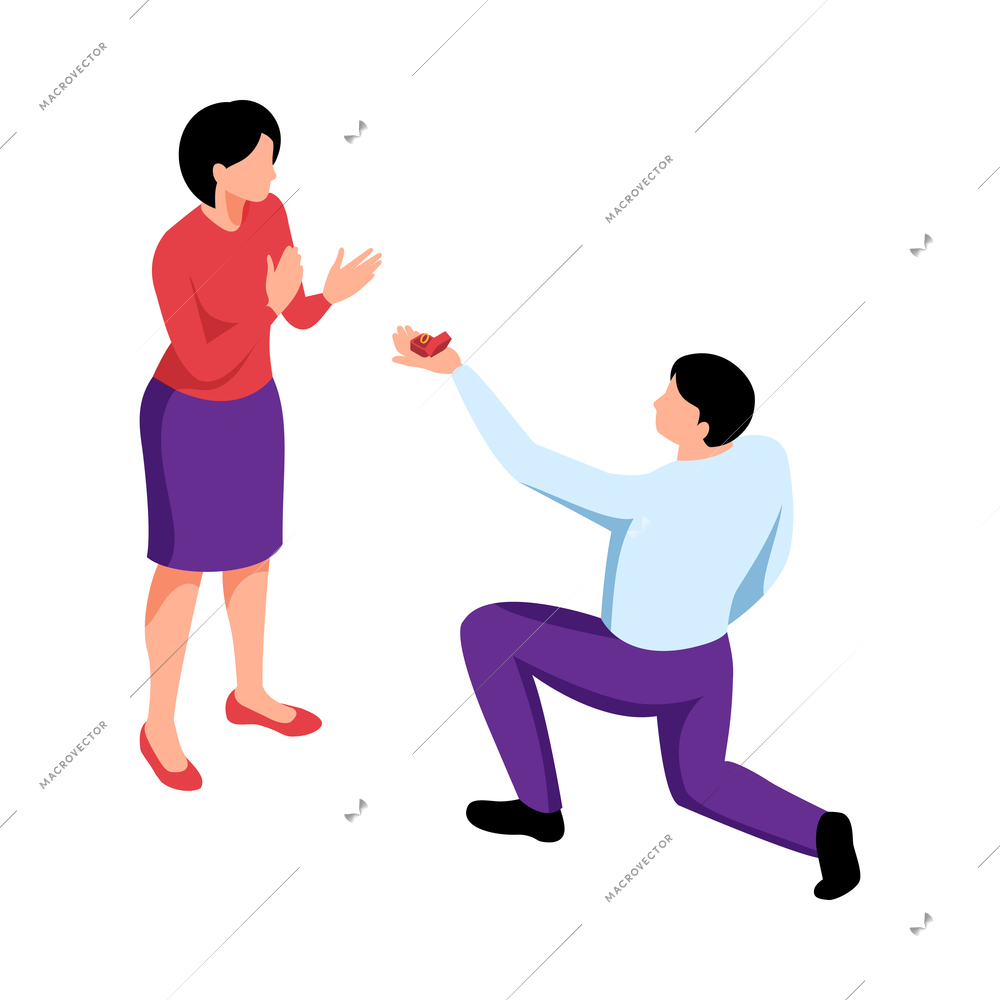 Isometric couple in love composition with character of man standing on knee making wedding proposal to woman vector illustration