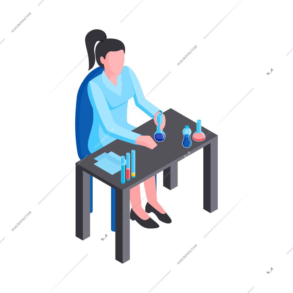 Isometric water purification technology composition with female scientist working at table with chemicals vector illustration