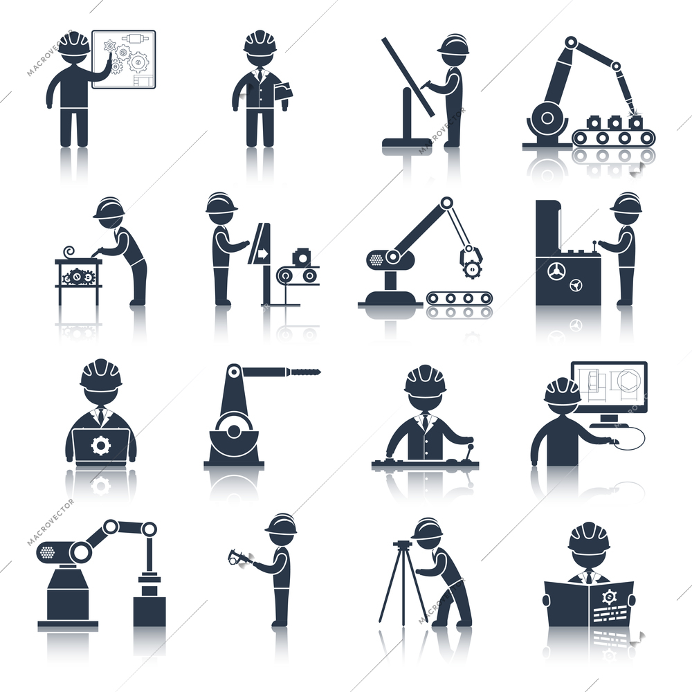 Engineering construction process factory production black icons set isolated vector illustration