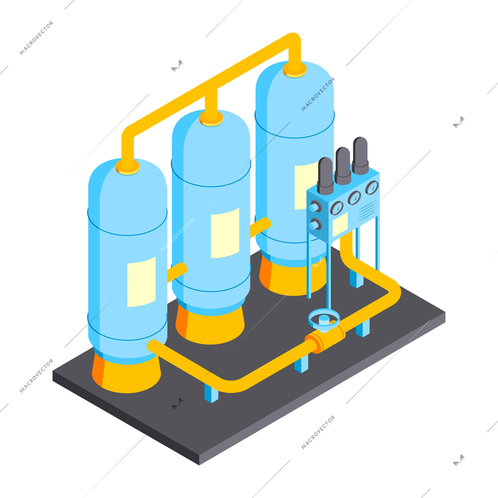 Isometric water purification technology composition with water purification system with tubes and columns vector illustration