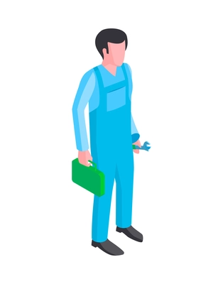 Isometric water purification technology composition with male character of plumber with wrench vector illustration