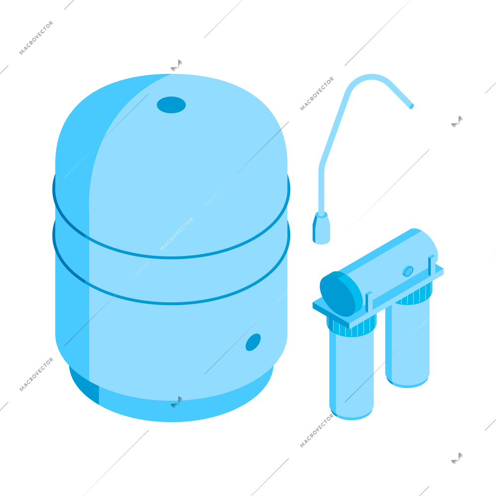 Isometric water purification technology composition with isolated image of water tank with faucet vector illustration