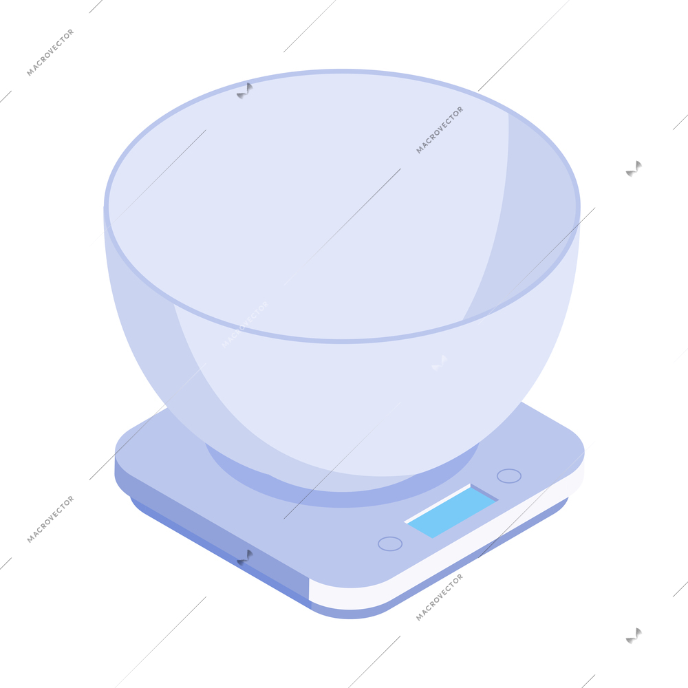 Isometric household appliances composition with isolated image of bowl on top of kitchen scales vector illustration