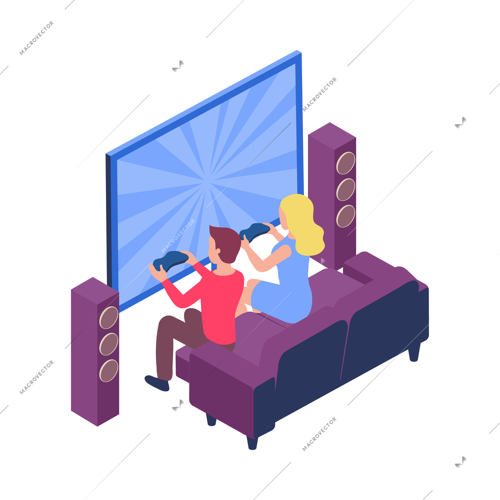 E-sport cybersport isometric composition with view of couple sitting on sofa playing video game together vector illustration