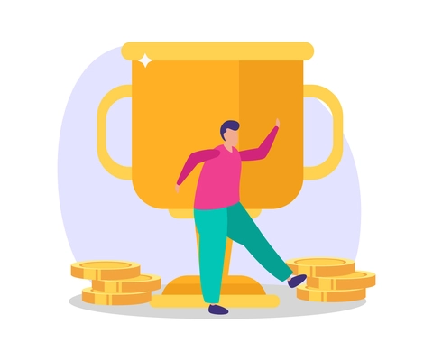 Business gamification flat composition with doodle people reaching goals and getting reward with conceptual icons vector illustration