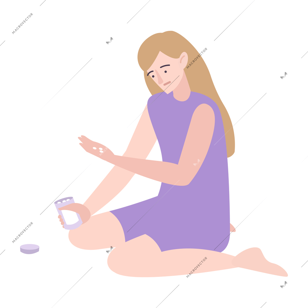 Psychology trauma flat composition with depressed woman taking antidepressant pills on blank background vector illustration