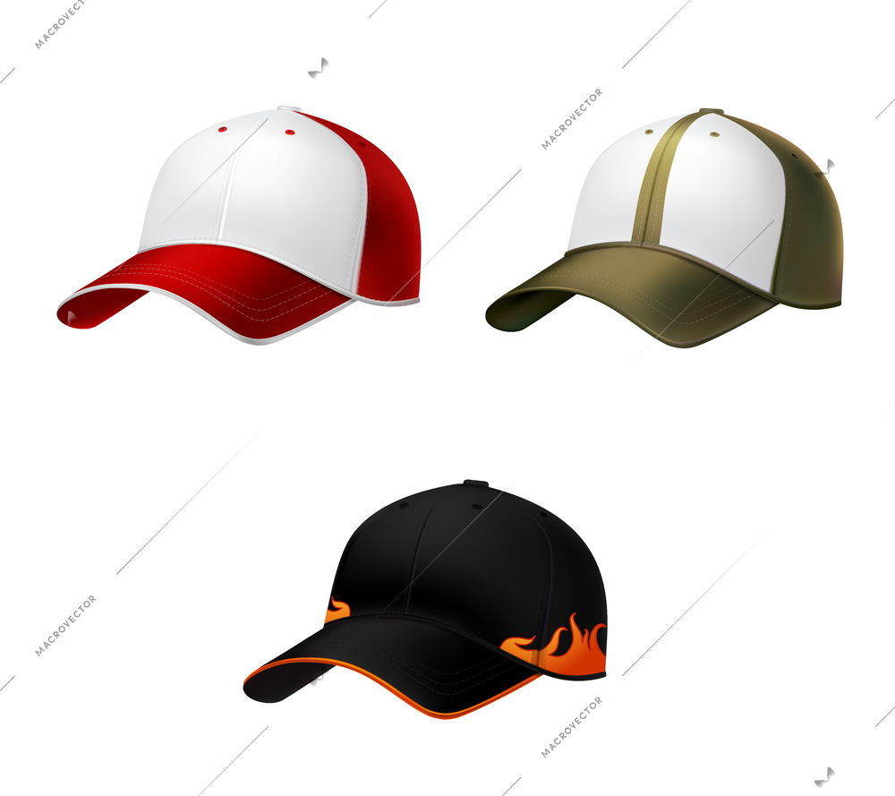 Realistic side view different colors baseball cap decorative icons set vector illustration