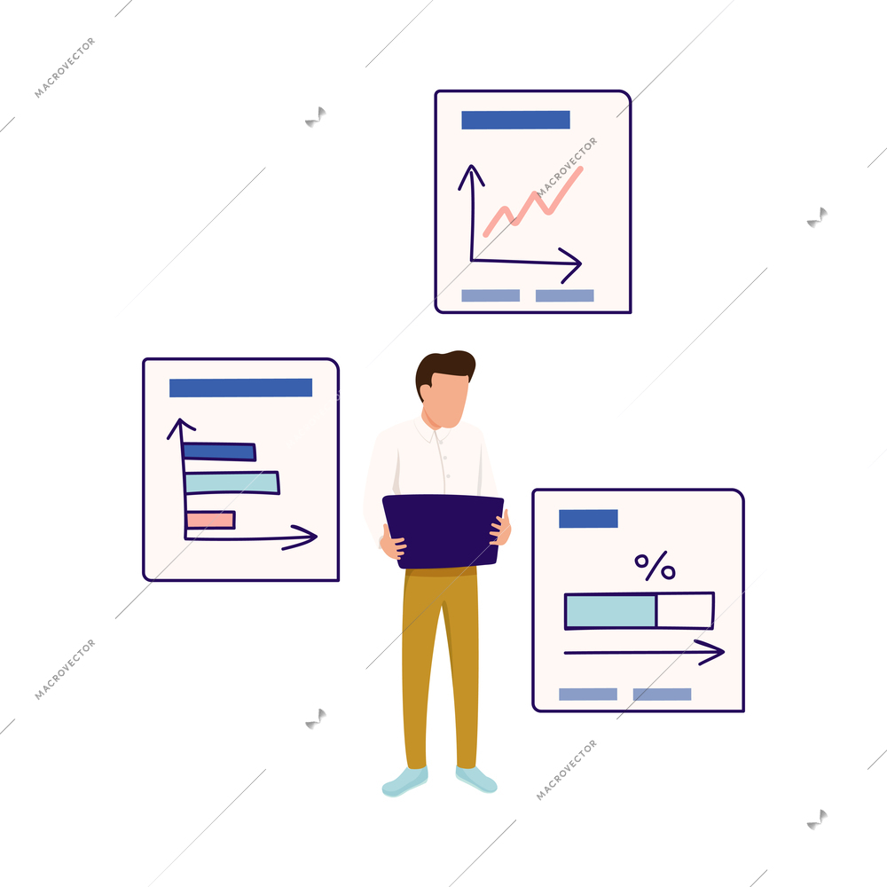 People with gadgets flat composition with character of guy holding laptop with multiple windows vector illustration